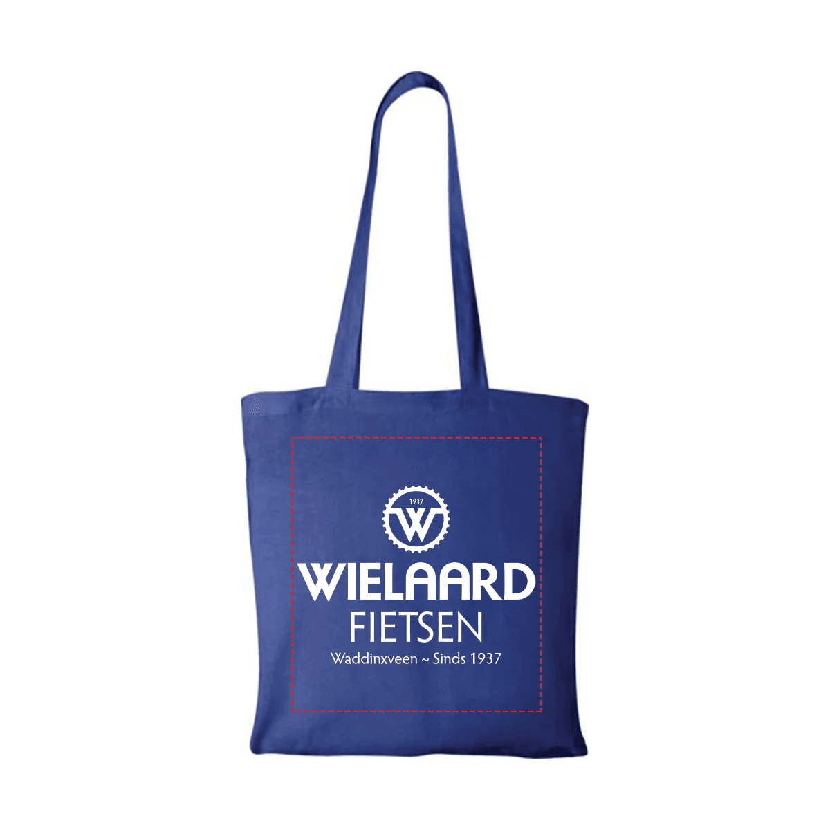 Fietsenwinkel met fiets met aan het stuur een blauwe canvas tas met logo